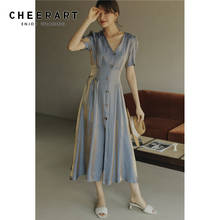 CHEERART Reflective Puff Sleeve Long Midi Dress Women V Neck Tunic Asymmetrical Button Short Sleeve Flowy Ladies Summer Dress 2024 - buy cheap