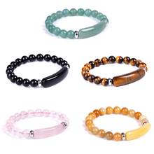 Pulseira de cordão de pedra natural 8mm com pingente de cura reiki, bracelete de cristal retângulo com miçangas, rosa bhub aventurine 2024 - compre barato