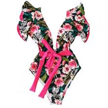 2021 Bikini Set One Piece Monikini Deep V Neck Floral Print Backless Swimsuit Summer Women Ruffle Sleeve Swimwear Beach Wear 2024 - buy cheap
