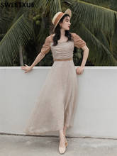 SWEETXUE-vestido de verano para Mujer, prenda con escote cuadrado y malla, con pliegues, estilo romántico Vintage, elegante, 2021 2024 - compra barato
