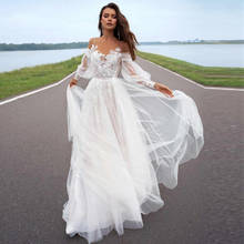 Thinyfull 2021 A-line Beach Boho Wedding Dresses Lace Appliques Tulle Long Sleeve Princess Bride Dresses Robe de mariée 2024 - buy cheap