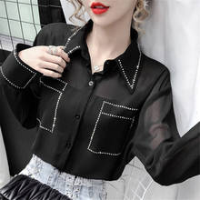 Ol blusa de chiffon de manga comprida, camisas lisas preto e branco com miçangas blusas femininas 2024 - compre barato