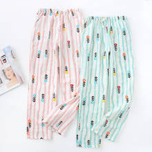 Calça pijama feminina listrada gaze 100% algodão, calça comprida elástica respirável antimosquito 2024 - compre barato