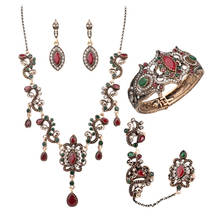 Luxury 4Pcs Turkey Jewelry Sets Vintage Look Red Necklace Earrings Set Color Antique Gold Unique Crystal Love Gift For Women 2024 - buy cheap