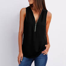 Women Blouse V-neck Zipper Sleeveless Loose Chiffon Shirt Office Lady Solid Black White Red Color Womens Plus Size Tops 2024 - buy cheap