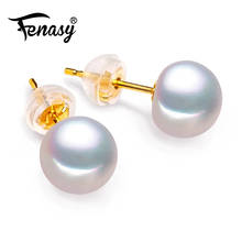 FENASY-pendientes de tuerca de perlas de agua dulce naturales para mujer, joyería de compromiso de boda, oro amarillo de 18 K 2024 - compra barato