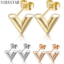 Pendientes de acero inoxidable con forma de letra en V para mujer, aretes de moda, estilo metálico Simple, no alérgico, tres colores, regalo 2024 - compra barato