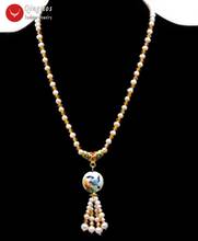 Qingmos 5-6 мм круглый натуральный белый жемчуг ожерелье для женщин с 18 мм белая перегородчатая и Хрустальная подвеска ожерелье с кисточкой ювелирные изделия 2024 - купить недорого