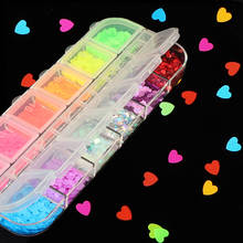 Juego de 12 cuadrículas fluorescentes para decoración de uñas, copos de purpurina 3D con formas de mariposa, corazón y amor, esmalte de lentejuelas de colores para manicura 2024 - compra barato