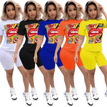 Women's Summer 2 Piece Shorts Outfits Bodycon Shorts Set Lip Print Short Sleeve Tops & Short Pants Sets Tie Dye Casual Tracksuit 2024 - buy cheap