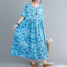 Vestido largo de lino con estampado de lunares para mujer, traje plisado de algodón de una pieza, Vintage, 6XL, moda de verano, 2021 2024 - compra barato