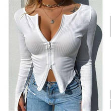 Women T-shirt Spring Autumn Clothes Ribbed Knitted Long Sleeve Crop Tops Zipper Design Tee Sexy Female Slim Black White Tops 2024 - buy cheap