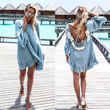 2022 New Beach Dress Love Sleeve Backless Oversized Mini Dress O-neck Tassel Loose Runway Dress Flare Sleeve Blue Vacation Dress 2024 - buy cheap