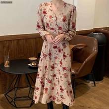 Korean New Style Women's Flower A-Line 2020 Autumn Sexy Hot Flowers Printed Office Lady Waist-Controlled Vintage Long Dress 2024 - buy cheap