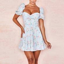 Impressão floral azul vestido de verão das mulheres manga curta lanterna botões mini vestido casual plissado férias feminino vestido de mudança 2024 - compre barato