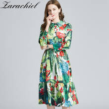 2021 Spring Runway Floral Green Midi Dress Women Diamonds Single-Breasted Long Sleeve Cactus Flower Print Ruffles Holiday Dress 2024 - buy cheap