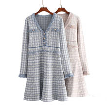 PERHAPS U Blue Apricot Knitted Houndstooth V Neck Long Sleeve Empire Mini Short Dress Elegant Autumn D2045 2024 - buy cheap