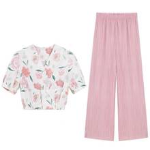 Women Summer Suit] 2021 Summer New Female Two-piece Suit Thin Floral Lapel Shirt + Casual Fashion Pink Wide-leg Pants Suit 2024 - buy cheap