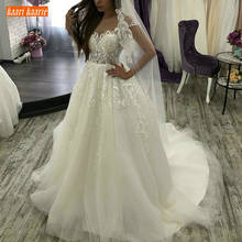 Иллюзия белое длинное свадебное платье без рукавов Тюль с аппликацией кружевное свадебное платье со шлейфом принцесса свадебное платье распродажа 2024 - купить недорого