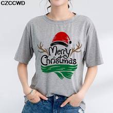 Женская одежда 2019, винтажная серая футболка с рождественским принтом, индивидуальные повседневные эстетичные Топы в стиле Харадзюку, женская футболка 2024 - купить недорого