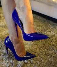 Пикантные женские туфли-лодочки из лакированной кожи Королевского синего цвета; Обувь низкого покроя с острым носком на тонком каблуке-шпильке; Женские вечерние туфли на высоком каблуке 2024 - купить недорого