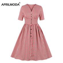 Hepburn Vintage Party Dress Plaid V-Neck Short Sleeve Summer 50s Rockabilly Vestido Button Front Pinup Shirt Robe Women Clothing 2024 - buy cheap