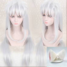 Inuyasha-Peluca de Cosplay de 100cm de largo, pelo blanco con orejas, resistente al calor, gorra de peluca gratis 2024 - compra barato