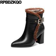 Block Genuine Leather Black Real Fur Pointed Toe High Quality Heel Women Boots Winter 2021 Chunky Shoes Ankle Comfortable Short 2024 - buy cheap