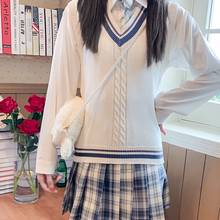 2020 JK School Uniform V Neck Knitted White Sleeveless Vest Autumn And Winter Preppy Style Womens Long Sweaters Womens Pullovers 2024 - buy cheap