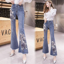 2022 Spring Flower Embroidery Jeans Woman Vintage High Waist Flare Pants Female Plus Size Ankle-length Bottom Denim Trousers A68 2024 - buy cheap