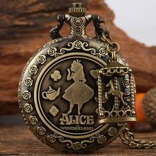 Retro Bronze Dream Alice in Wonderland Rabbit Poker Carousel Accessory Quartz Pocket Watch Chain Necklace Pendant for Girl Women 2024 - buy cheap