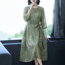 2021 primavera outono verde algodão linho impressão midi vestidos coréia do vintage elegante 3xl plus size vestido feminino bodycon festa vestidos 2024 - compre barato