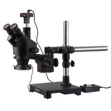 AmScope-microscopio Trinocular con Zoom estéreo 7X-45X, soporte de brazo único + anillo de luz LED 144 con cámara USB 2,0 de 14MP 2024 - compra barato