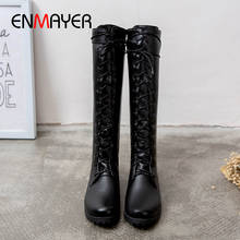 ENMAYER Round Toe Lace-Up Motorcycle Boots Knee-High Med Square Heel Women Winter Boots Solid Short Plush Cross-tied Rain Boots 2024 - buy cheap