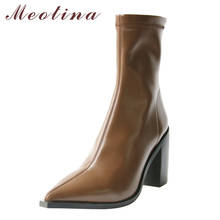 Meotina-Botas de media caña con cremallera para mujer, zapatos cortos de tacón extremo, punta estrecha, gruesos, otoño, negro, marrón, 40 2024 - compra barato