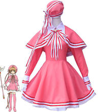 Fantasia de cosplay de anime cardcaptor sakura kinomoto sakura, traje cosplay de rosa vestido com chapéu, conjunto completo de vestido lolita 2024 - compre barato