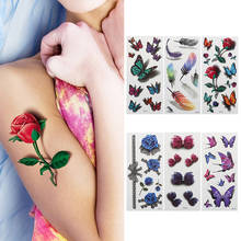 Временные тату-наклейки, 1 шт., женский боди-арт, 3D тату с бабочками, розами, цветами, перьями, водонепроницаемые тату-наклейки 2024 - купить недорого