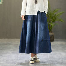 Free Shipping 2021 New Long Maxi A-line Skirts Women Elastic Waist Spring And Summer Denim Cortton Casual Skirts Blue Pockets 2024 - buy cheap