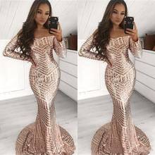 2021 Rose Gold Sequined Mermaid Prom Dresses Long Sleeves Off Shoulder African Black Women Occasion Party Gowns Evening Wear 2024 - buy cheap