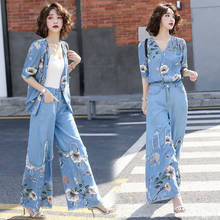 2022 Summer Denim Two Piece Women's Fashion Flower Printed Denim Tops+flower Printing Jeans Suits Leisure Female 2 Piece Sets 2024 - buy cheap