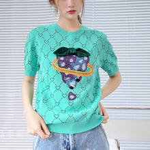 Sequined Grape Bow Heart Rhombus Jacquard Knit T Shirt Women 2021 Fashion Summer Tops Tee O Neck Short Sleeve Tshirt Women Top 2024 - buy cheap