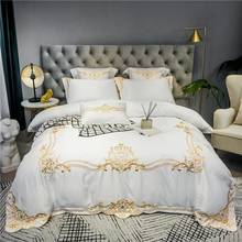 White Glossy Soft Satin Silk Cotton Gold Embroidery Palace Bedding Set Double Duvet Cover Set Bed Linen Fitted Sheet Pillowcases 2024 - buy cheap