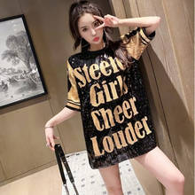 Loose Fashion Straight Number Letter Half Sleeve O-neck High Street Black Free Size Summer Women Sequined Dress 9750 2024 - buy cheap