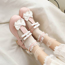 2021 Sweet Lolita Princess Mary Janes Shoes Black Pink Bowtie Ruffles Uniform School Shoes for Girls Mid Heel Black Punk Lace 2024 - buy cheap