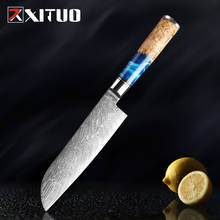 Xituo damascus aço vg10 faca santoku, faca de chef bruto para peixe, faca de cozinha azul resina cor de madeira com cabo de cozinha 2024 - compre barato