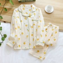 Pijama feminino de primavera, conjunto de pijama de algodão crepe, manga comprida, estampa de duas peças, roupa de dormir, roupa de casa macia, roupa de dormir 2024 - compre barato