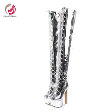 Moda Original de intención sobre la rodilla botas altas de mujer botas de tacón súper alto botas de invierno zapatos de plata espejo mujer Plus tamaño 2024 - compra barato