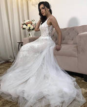 Vestido de casamento linha a com decote em v, apliques de renda sem costas com lantejoulas, novo vestido de noiva elegante com cauda e tule 2024 - compre barato