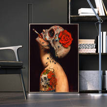 Modern Abstract Canvas Painting Sexy Smoking Nude Skull Girl with Flower Tattoo Wall Pictures Poster for Bar Office Home Decor 2024 - buy cheap