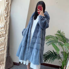 Natuarl casaco de pele de vison feminino, jaqueta grossa e luxuosa com capuz, estilo longo e quente para o inverno, pelúcia total, importada, 100% 2024 - compre barato